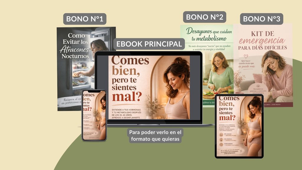 E-book Comes bien, pero te sientes mal, mostrado en tablet y en formato libro con sus 3 bonos