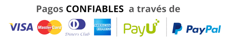 Pagos confiables a través de Visa, MasterCard, Diners Club, American Express, PayU y PayPal